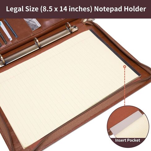 Geslun 3 Ring Binder Leather Portfolio with Handle, Genuine Full Grain Leather Large Zippered Padfolio for 8.5 x 14" Legal Pad and 15" Laptop, Brown, Oil Tanned in Saudi Arabia