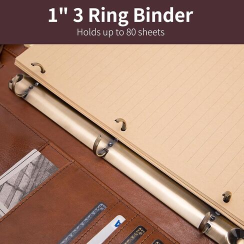 Geslun 3 Ring Binder Leather Portfolio with Handle, Genuine Full Grain Leather Large Zippered Padfolio for 8.5 x 14" Legal Pad and 15" Laptop, Brown, Oil Tanned in Saudi Arabia