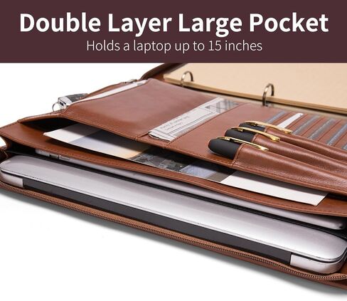 Geslun 3 Ring Binder Leather Portfolio with Handle, Genuine Full Grain Leather Large Zippered Padfolio for 8.5 x 14" Legal Pad and 15" Laptop, Brown, Oil Tanned in Saudi Arabia