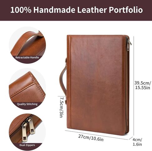 Geslun 3 Ring Binder Leather Portfolio with Handle, Genuine Full Grain Leather Large Zippered Padfolio for 8.5 x 14" Legal Pad and 15" Laptop, Brown, Oil Tanned in Saudi Arabia
