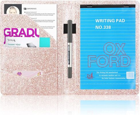 ACdream A5 Padfolio/Resume Portfolio Folder, Interview/Legal Document Organizer & Business Card Holder - Handsome Piano Noir Faux Leather Matte Finish & Accent Stitching, A5 Glitter Rose Gold in Saudi Arabia
