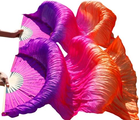 Nimiman المرأة الصينية المصنوعة يدويا الرقص الشرقي الحرير الخيزران الحجاب الطويل مروحة (الوردي الأرجواني والبرتقالي) in Kuwait