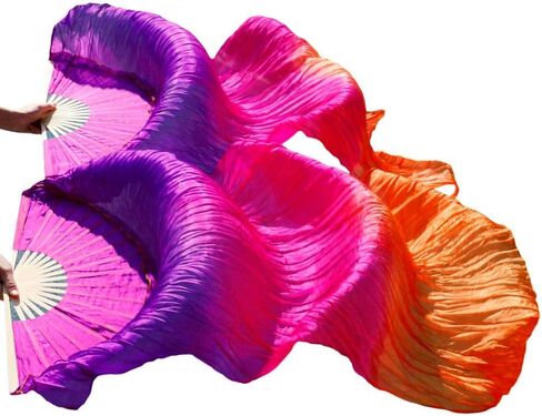 Nimiman المرأة الصينية المصنوعة يدويا الرقص الشرقي الحرير الخيزران الحجاب الطويل مروحة (الوردي الأرجواني والبرتقالي) in Kuwait