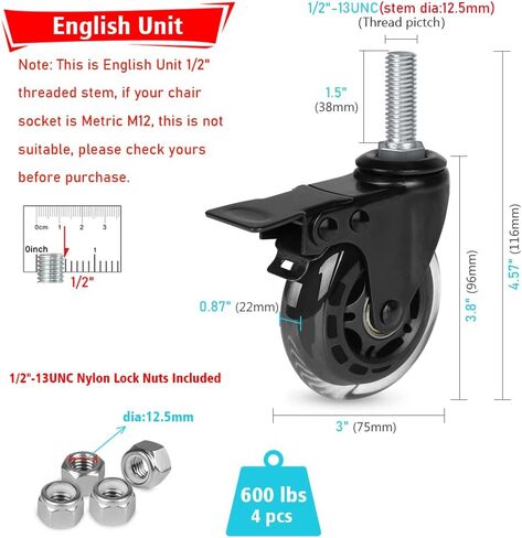 Hirate 3" Locking Swivel Castors, 1/2"-13 x 1.5" Threaded Stem Industrial Casters(Screw Length 38mm), Set of 4 Dual Brake Caster with Nylon Lock Nuts for Furniture Project in Saudi Arabia