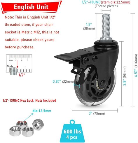 Hirate 3" Locking Swivel Castors, 1/2"-13 x 1.5" Threaded Stem Industrial Casters(Screw Length 38mm), Set of 4 Dual Brake Caster with Nylon Lock Nuts for Furniture Project in Saudi Arabia