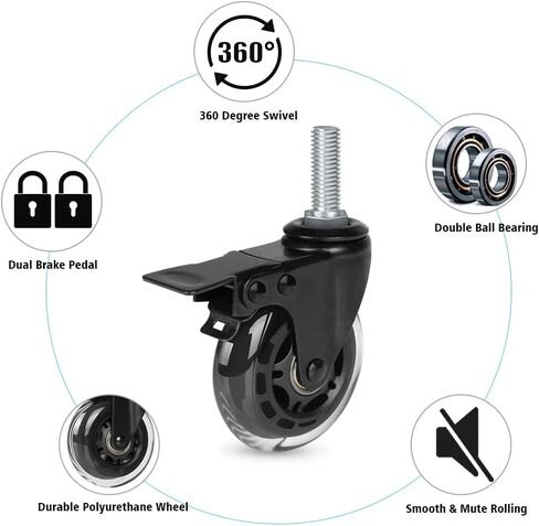 Hirate 3" Locking Swivel Castors, 1/2"-13 x 1.5" Threaded Stem Industrial Casters(Screw Length 38mm), Set of 4 Dual Brake Caster with Nylon Lock Nuts for Furniture Project in Saudi Arabia