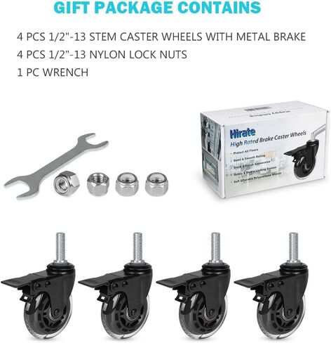 Hirate 3" Locking Swivel Castors, 1/2"-13 x 1.5" Threaded Stem Industrial Casters(Screw Length 38mm), Set of 4 Dual Brake Caster with Nylon Lock Nuts for Furniture Project in Saudi Arabia