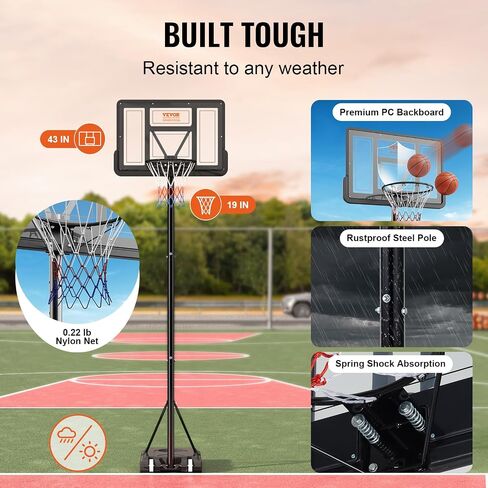 VEVOR Basketball Hoop Outdoor 4-10ft Adjustable Height, 44inch PC Backboard, Basketball Hoop & Goal for Kids/Adults Indoor/Outdoor/Swimming Pool in Saudi Arabia