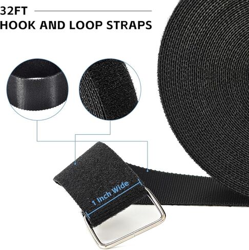 1"x32ft Hook and Loop Straps with 50 Metal Buckles, Cut-to-Length Cinch Strap Heavy Duty Reusable Nylon Securing Cord Ties Fastening Cable Straps for Home Office Outdoor Camping Storage Organizer in Kuwait