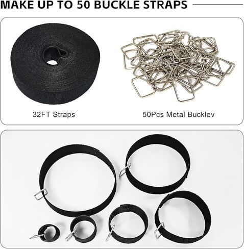1"x32ft Hook and Loop Straps with 50 Metal Buckles, Cut-to-Length Cinch Strap Heavy Duty Reusable Nylon Securing Cord Ties Fastening Cable Straps for Home Office Outdoor Camping Storage Organizer in Kuwait