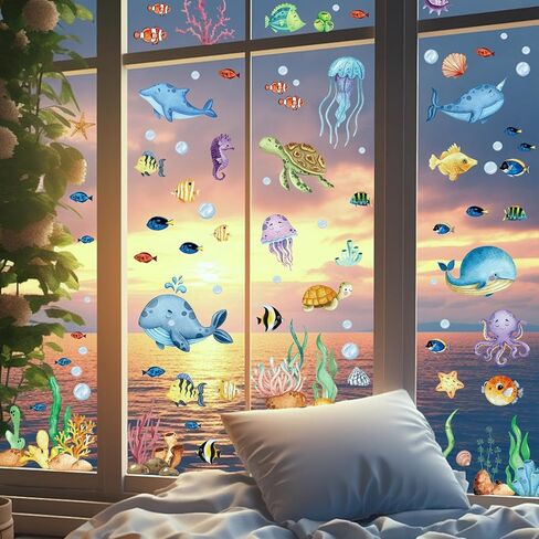 Summer Window Clings, Hianjoo 9 Sheets 134 PCS Under The Sea Ocean Window Clings Stickers, Removable Double Sided Static Sea World Animals Sea Turtle Window Decor for Home Decorations Supplies in Saudi Arabia