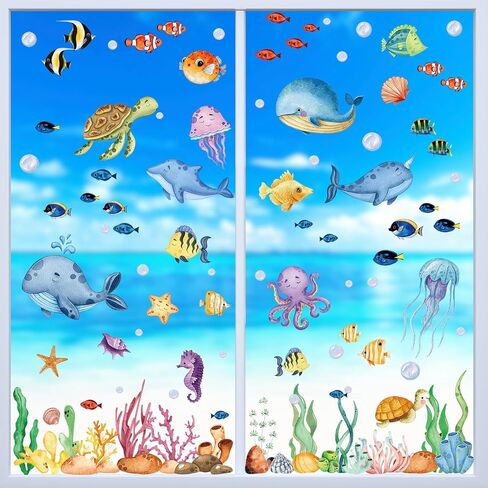 Summer Window Clings, Hianjoo 9 Sheets 134 PCS Under The Sea Ocean Window Clings Stickers, Removable Double Sided Static Sea World Animals Sea Turtle Window Decor for Home Decorations Supplies in Saudi Arabia