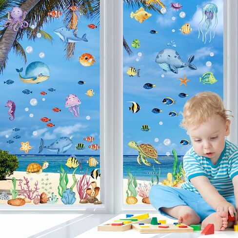 Summer Window Clings, Hianjoo 9 Sheets 134 PCS Under The Sea Ocean Window Clings Stickers, Removable Double Sided Static Sea World Animals Sea Turtle Window Decor for Home Decorations Supplies in Saudi Arabia