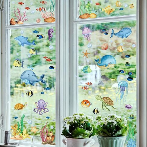 Summer Window Clings, Hianjoo 9 Sheets 134 PCS Under The Sea Ocean Window Clings Stickers, Removable Double Sided Static Sea World Animals Sea Turtle Window Decor for Home Decorations Supplies in Saudi Arabia