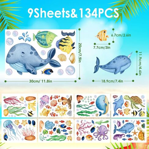 Summer Window Clings, Hianjoo 9 Sheets 134 PCS Under The Sea Ocean Window Clings Stickers, Removable Double Sided Static Sea World Animals Sea Turtle Window Decor for Home Decorations Supplies in Saudi Arabia