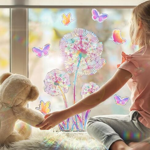 ملصقات نافذة زنبركية، ملصقات نافذة ثابتة لزهرة الهندباء لديكور الربيع، ملصقات نافذة من الزجاج الملون الصيفي على الوجهين قابلة لإعادة الاستخدام على شكل فراشة قوس قزح لعرض نافذة المكتب المنزلي in Kuwait