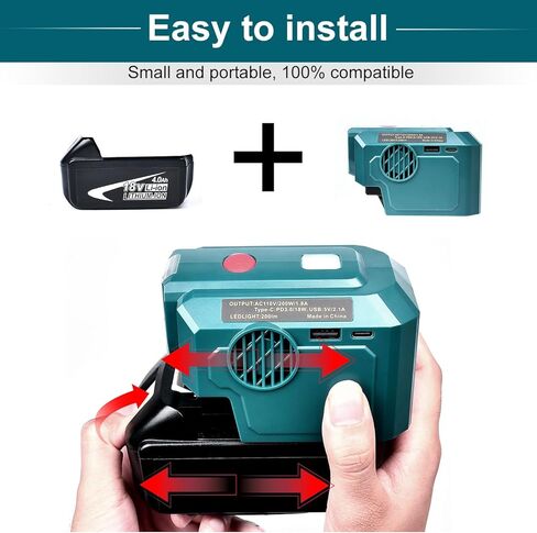 عاكس طاقة 200 وات لبطارية ماكيتا 18 فولت، مع مخرج تيار متردد وUSB/Type-C، ضوء LED 200LM، 18 فولت تيار مستمر إلى 120 فولت تيار متردد للخارج، المرآب، التخييم (البطاريات غير متضمنة) in Kuwait
