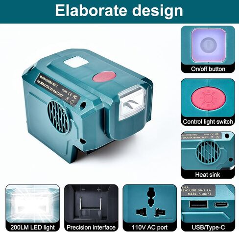 عاكس طاقة 200 وات لبطارية ماكيتا 18 فولت، مع مخرج تيار متردد وUSB/Type-C، ضوء LED 200LM، 18 فولت تيار مستمر إلى 120 فولت تيار متردد للخارج، المرآب، التخييم (البطاريات غير متضمنة) in Kuwait