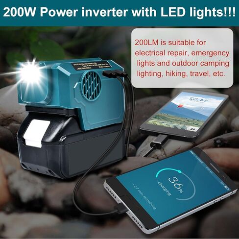 عاكس طاقة 200 وات لبطارية ماكيتا 18 فولت، مع مخرج تيار متردد وUSB/Type-C، ضوء LED 200LM، 18 فولت تيار مستمر إلى 120 فولت تيار متردد للخارج، المرآب، التخييم (البطاريات غير متضمنة) in Kuwait