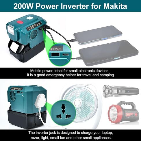 عاكس طاقة 200 وات لبطارية ماكيتا 18 فولت، مع مخرج تيار متردد وUSB/Type-C، ضوء LED 200LM، 18 فولت تيار مستمر إلى 120 فولت تيار متردد للخارج، المرآب، التخييم (البطاريات غير متضمنة) in Kuwait