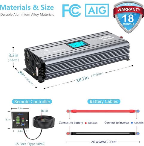 GIANDEL 2000W Pure Sine Wave Power Inverter DC 12V إلى AC 120V مع كتلة طرفية سلكية صلبة وشاشة LCD كبيرة وحدة تحكم عن بعد سلكية مزدوجة 2.4A منافذ USB معتمدة من لجنة الاتصالات الفيدرالية للنظام الشمسي في حالات الطوارئ in Kuwait