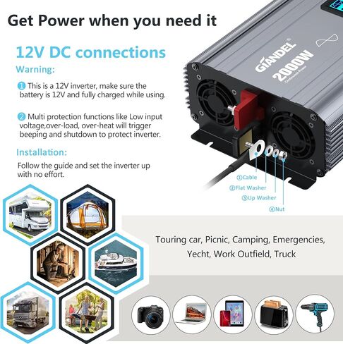 GIANDEL 2000W Pure Sine Wave Power Inverter DC 12V إلى AC 120V مع كتلة طرفية سلكية صلبة وشاشة LCD كبيرة وحدة تحكم عن بعد سلكية مزدوجة 2.4A منافذ USB معتمدة من لجنة الاتصالات الفيدرالية للنظام الشمسي في حالات الطوارئ in Kuwait
