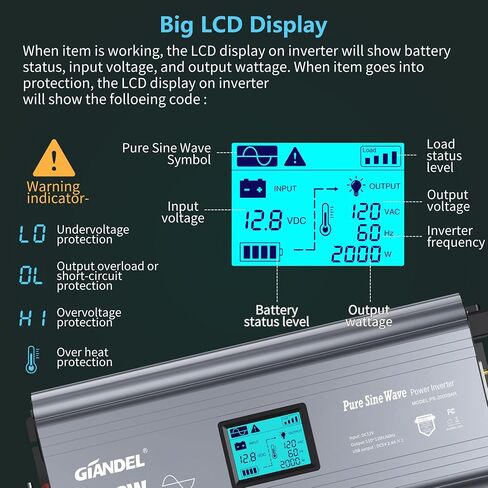 GIANDEL 2000W Pure Sine Wave Power Inverter DC 12V إلى AC 120V مع كتلة طرفية سلكية صلبة وشاشة LCD كبيرة وحدة تحكم عن بعد سلكية مزدوجة 2.4A منافذ USB معتمدة من لجنة الاتصالات الفيدرالية للنظام الشمسي في حالات الطوارئ in Kuwait