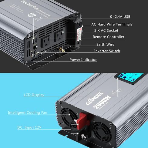 GIANDEL 2000W Pure Sine Wave Power Inverter DC 12V إلى AC 120V مع كتلة طرفية سلكية صلبة وشاشة LCD كبيرة وحدة تحكم عن بعد سلكية مزدوجة 2.4A منافذ USB معتمدة من لجنة الاتصالات الفيدرالية للنظام الشمسي في حالات الطوارئ in Kuwait
