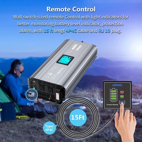 GIANDEL 2000W Pure Sine Wave Power Inverter DC 12V إلى AC 120V مع كتلة طرفية سلكية صلبة وشاشة LCD كبيرة وحدة تحكم عن بعد سلكية مزدوجة 2.4A منافذ USB معتمدة من لجنة الاتصالات الفيدرالية للنظام الشمسي في حالات الطوارئ in Kuwait