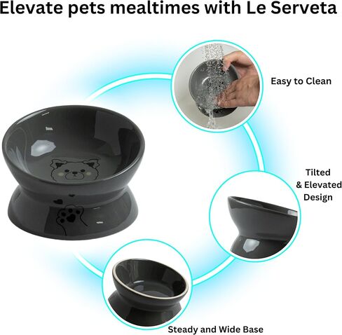 Le Serveta Ceramic Elevated and Tilted Cat Food Bowl, Tilted Raised Cat Bowl, Dishwasher Safe, White (Blue) in Saudi Arabia