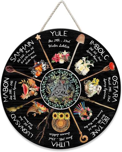 Mondily - علامة خشبية لعجلة العام، 12 بوصة، 18 بوصة لافتة خشبية ساحرة، ديكورات منزلية للوحة الحائط، عطلات Wiccan Wiccan Sabbats السلتية، هدايا عتيقة لها، هدايا للنساء، المطبخ، She Shed in Kuwait