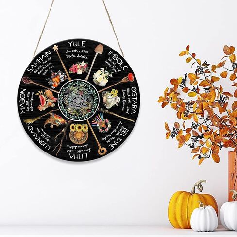 Mondily - علامة خشبية لعجلة العام، 12 بوصة، 18 بوصة لافتة خشبية ساحرة، ديكورات منزلية للوحة الحائط، عطلات Wiccan Wiccan Sabbats السلتية، هدايا عتيقة لها، هدايا للنساء، المطبخ، She Shed in Kuwait