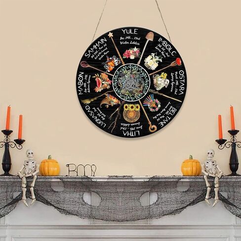 Mondily - علامة خشبية لعجلة العام، 12 بوصة، 18 بوصة لافتة خشبية ساحرة، ديكورات منزلية للوحة الحائط، عطلات Wiccan Wiccan Sabbats السلتية، هدايا عتيقة لها، هدايا للنساء، المطبخ، She Shed in Kuwait