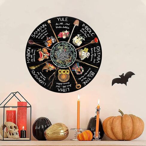 Mondily - علامة خشبية لعجلة العام، 12 بوصة، 18 بوصة لافتة خشبية ساحرة، ديكورات منزلية للوحة الحائط، عطلات Wiccan Wiccan Sabbats السلتية، هدايا عتيقة لها، هدايا للنساء، المطبخ، She Shed in Kuwait