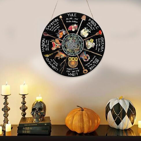 Mondily - علامة خشبية لعجلة العام، 12 بوصة، 18 بوصة لافتة خشبية ساحرة، ديكورات منزلية للوحة الحائط، عطلات Wiccan Wiccan Sabbats السلتية، هدايا عتيقة لها، هدايا للنساء، المطبخ، She Shed in Kuwait