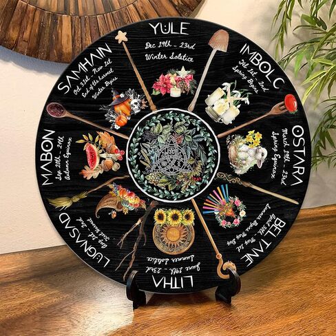 Mondily - علامة خشبية لعجلة العام، 12 بوصة، 18 بوصة لافتة خشبية ساحرة، ديكورات منزلية للوحة الحائط، عطلات Wiccan Wiccan Sabbats السلتية، هدايا عتيقة لها، هدايا للنساء، المطبخ، She Shed in Kuwait