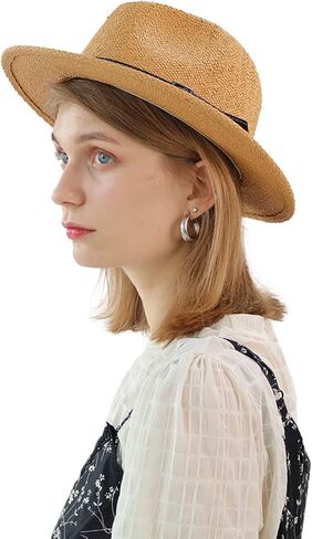 NAMANANA Fashion بنما قبعة فيدورا حماية من الأشعة فوق البنفسجية قبعات الشمس الصيفية للرجال والنساء قبعة الشاطئ قبعة مسطحة ذات حافة بنية in Kuwait