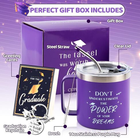 CUPLOOV 2024 هدايا التخرج لها - كوب قهوة التخرج الأرجواني/كوب بهلوان مع غطاء سلسلة مفاتيح من القش وبطاقات تهنئة لكبار خريجي الكلية وزملاء الدراسة والأصدقاء in Kuwait