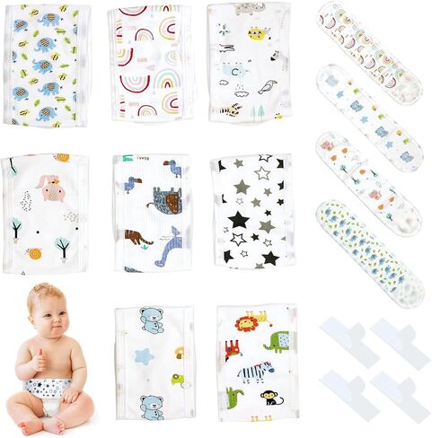 YFresh 8 قطع قطنية لبطن الطفل مع 4 قطع شريط لاصق وحلقة، حزام فتق سري كرتوني للرضع، حزام زر البطن لحديثي الولادة لمدة 0-12 شهرًا، نمطان in Kuwait