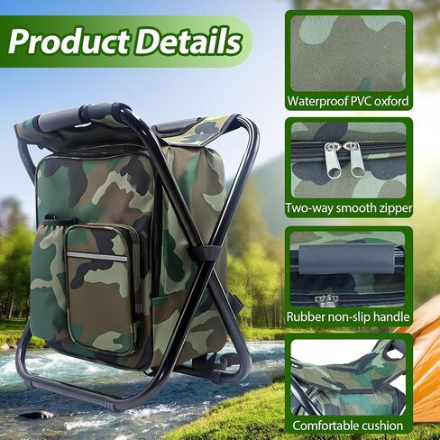 KingSom Folding Stool Backpack Insulated Cooler Bag, Heavy Duty Cooler Backpack Chair,Collapsible Camping Chair with Front Pocket and Bottle Pocket,Fishing Cooler Stool for Hunting,Hiking,Travel in Saudi Arabia