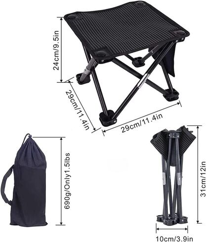 مقعد تخييم KFDKRG، مقعد قابل للطي محمول مقاس 13 بوصة، سعة 400 رطل، كرسي صغير قابل للطي مقعد مخيم محمول للتخييم وصيد الأسماك والمشي لمسافات طويلة والبستنة والشاطئ، مقعد تخييم مع حقيبة حمل (أسود) in Kuwait