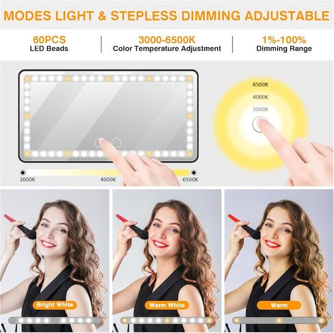 Car Vanity Mirror, Rechargeable Makeup Car Visor Mirror, 60 Leds & 3 Light Modes, Visor Vanity Mirror with Touch on Screen, Shading Cosmetic Mirror, Universal Vanity Mirror for Car Truck Suv(White) in Saudi Arabia