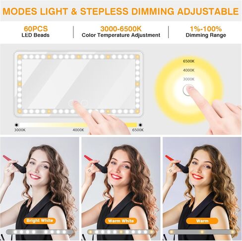 Car Vanity Mirror, Rechargeable Makeup Car Visor Mirror, 60 Leds & 3 Light Modes, Visor Vanity Mirror with Touch on Screen, Shading Cosmetic Mirror, Universal Vanity Mirror for Car Truck Suv(White) in Saudi Arabia