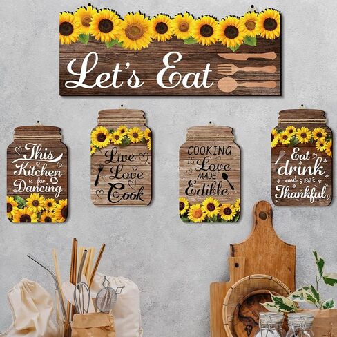 FLOWERHERD 5pcs Kitchen Wall Decorations Set - Sunflower Mason Jar Rustic Wooden Signs with Inspirational Words for Farmhouse Home Kitchen Dining Room Wall Decorations in Kuwait