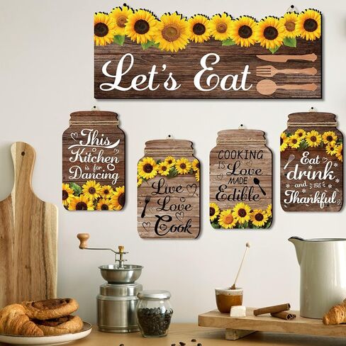 FLOWERHERD 5pcs Kitchen Wall Decorations Set - Sunflower Mason Jar Rustic Wooden Signs with Inspirational Words for Farmhouse Home Kitchen Dining Room Wall Decorations in Kuwait