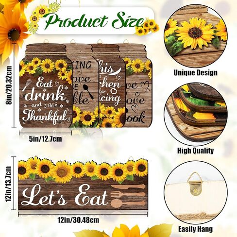 FLOWERHERD 5pcs Kitchen Wall Decorations Set - Sunflower Mason Jar Rustic Wooden Signs with Inspirational Words for Farmhouse Home Kitchen Dining Room Wall Decorations in Kuwait