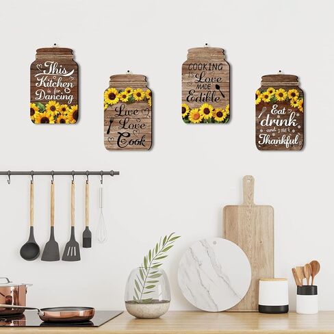 FLOWERHERD 5pcs Kitchen Wall Decorations Set - Sunflower Mason Jar Rustic Wooden Signs with Inspirational Words for Farmhouse Home Kitchen Dining Room Wall Decorations in Kuwait
