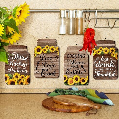 FLOWERHERD 5pcs Kitchen Wall Decorations Set - Sunflower Mason Jar Rustic Wooden Signs with Inspirational Words for Farmhouse Home Kitchen Dining Room Wall Decorations in Kuwait