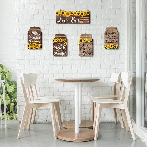 FLOWERHERD 5pcs Kitchen Wall Decorations Set - Sunflower Mason Jar Rustic Wooden Signs with Inspirational Words for Farmhouse Home Kitchen Dining Room Wall Decorations in Kuwait