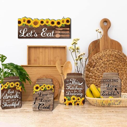 FLOWERHERD 5pcs Kitchen Wall Decorations Set - Sunflower Mason Jar Rustic Wooden Signs with Inspirational Words for Farmhouse Home Kitchen Dining Room Wall Decorations in Kuwait